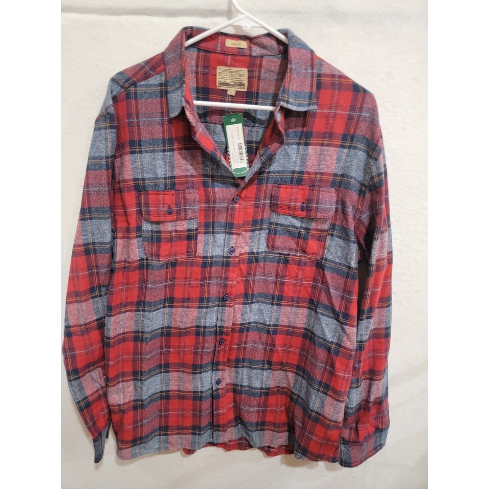 Free Nature Men's Large Slim Fit Flannel Shirt NWT‎ Red Blue Plaid Long Sleeve